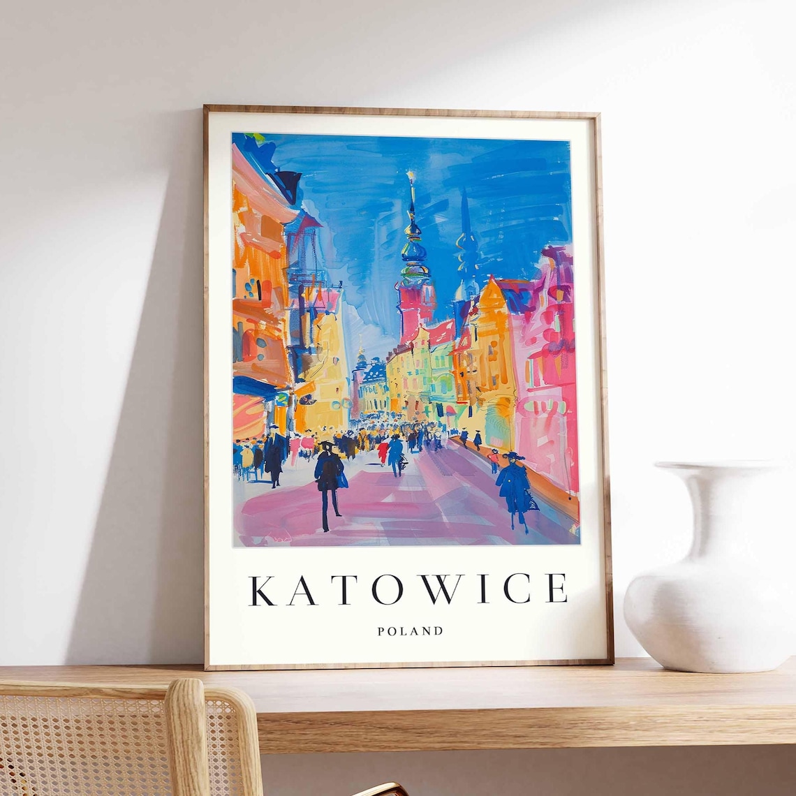 Katowice Poland Bustling Old Town Street Church Spire Travel Poster