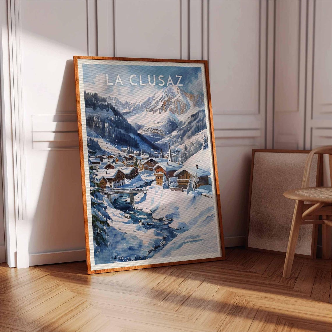 La Clusaz French Alps Church Village Snow River Winter Poster - Image 2