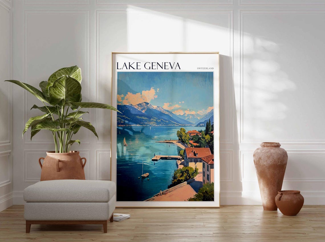 Lake Geneva Poster Switzerland Travel Print Swiss Decor Europe Travel Poster European Wall Art Lake Geneva Travel Poster - Image 2