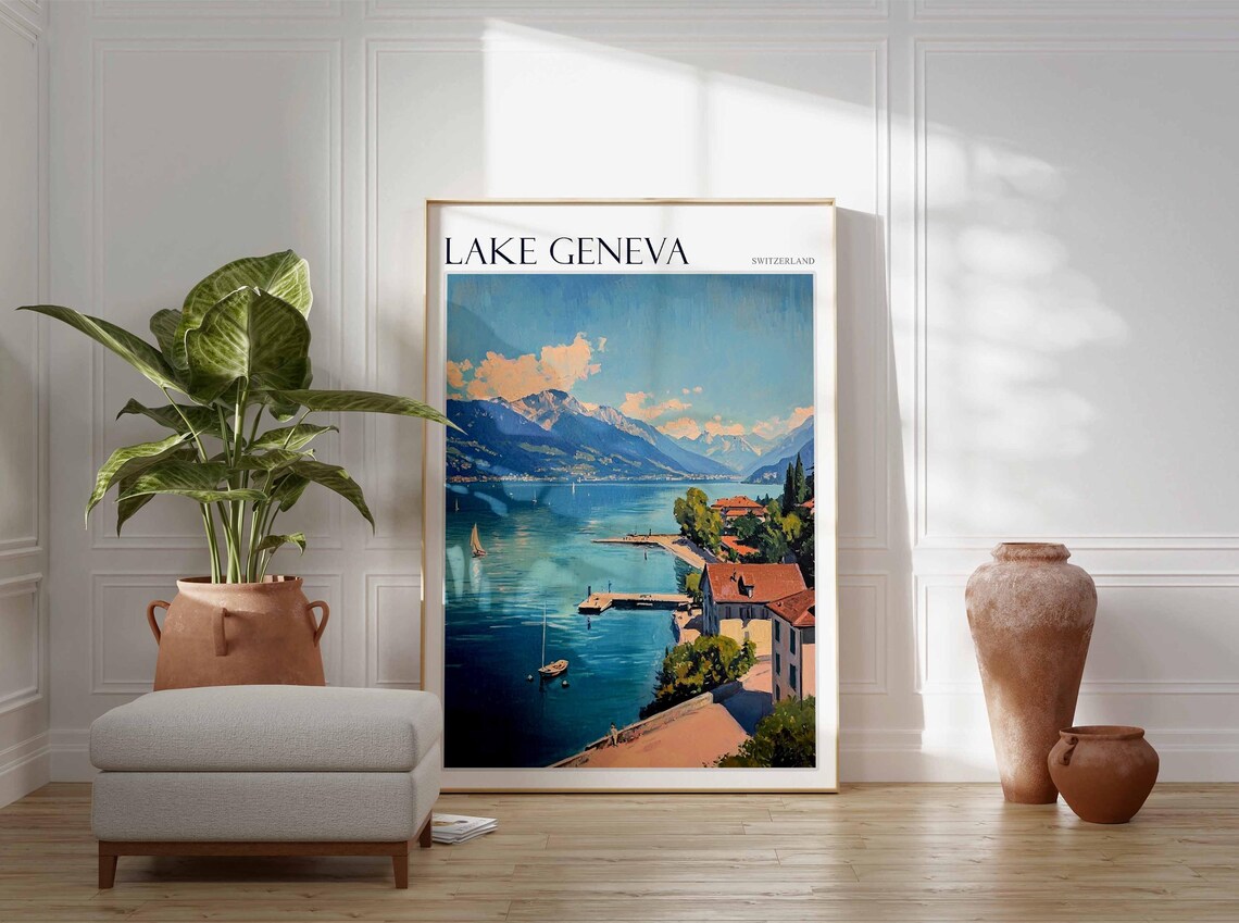 Lake Geneva Switzerland Harbor Pier Village Shoreline Poster Art - Image 2