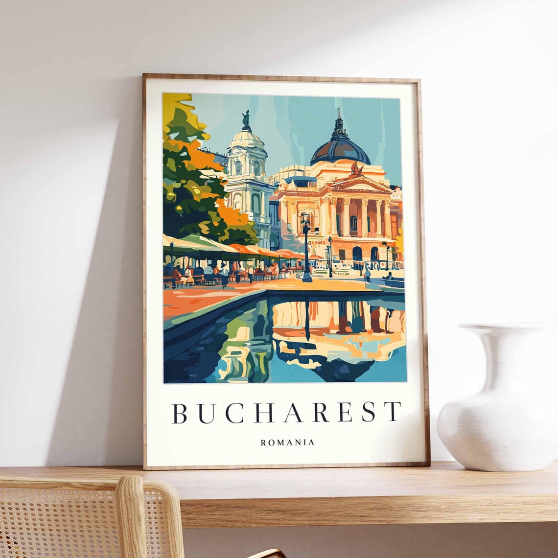 Bucharest Romania Grand Historic Building Reflection Water Poster