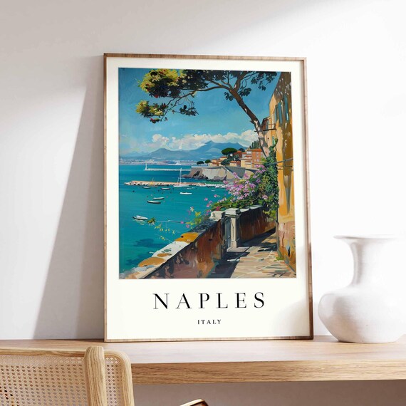 Naples Italy Flowered Stone Terrace Overlooking Blue Bay Poster