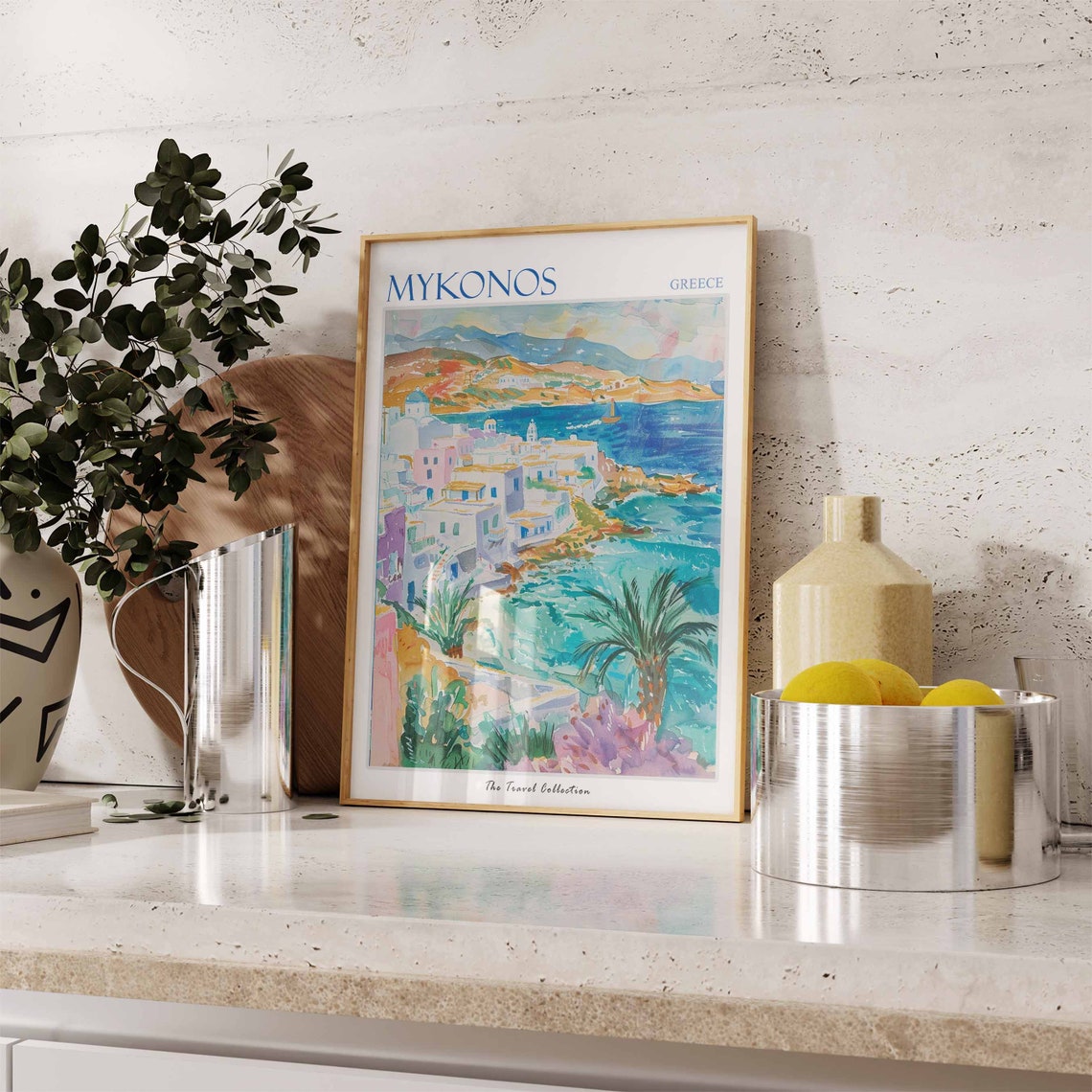 Mykonos Greece Pastel Watercolor Coast Sailboat Scene Art Poster - Image 2