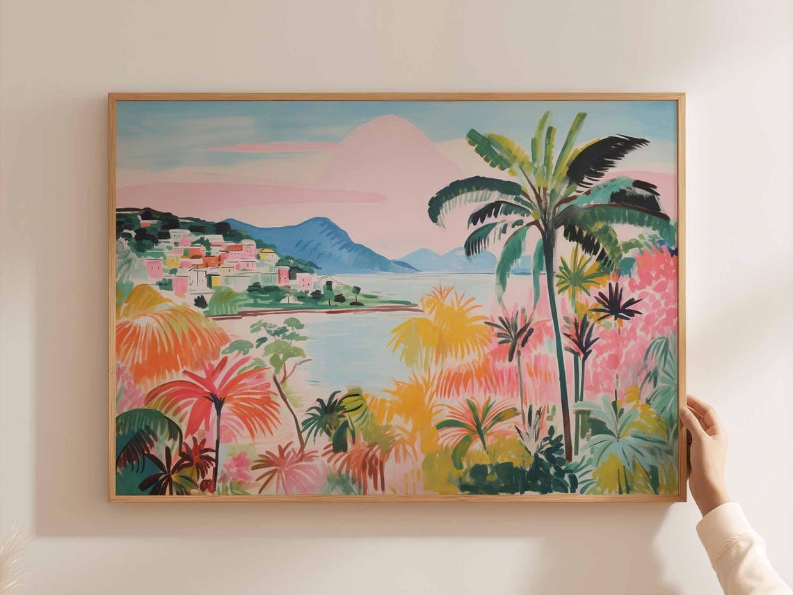 Brazil Pastel Pink Tropical Bay Palm Trees Hillside Town Dreamy Poster