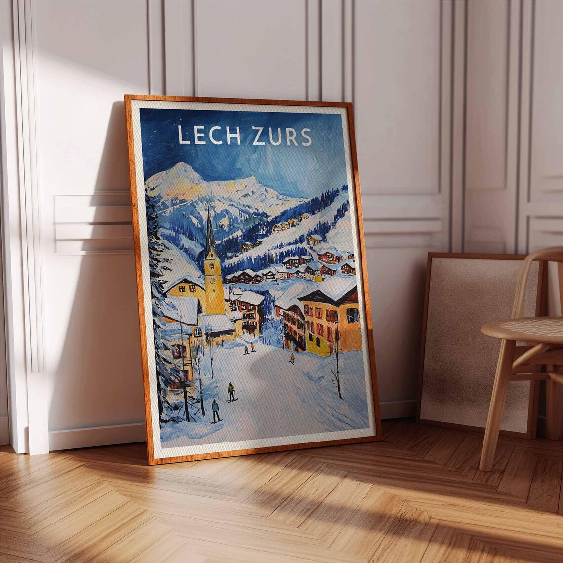 Lech Zurs Austria Village Church Spire Skiers Snowy Peaks Poster - Image 3
