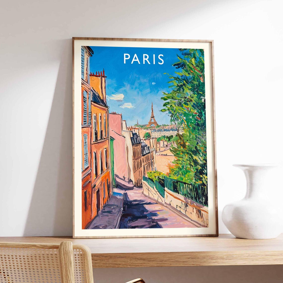Paris France Charming Old Street Eiffel View Colorful Travel Poster