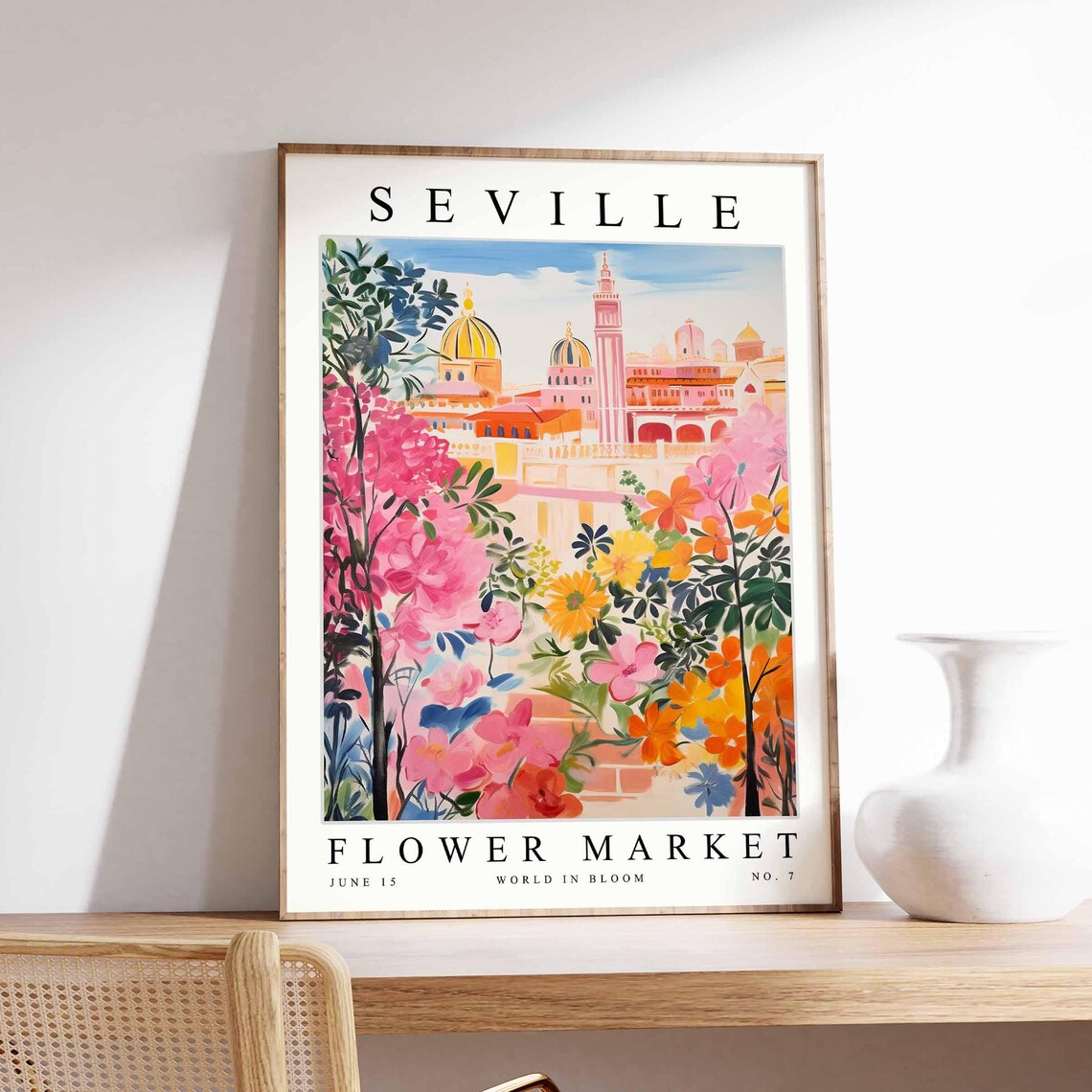 Seville Flower Market Poster Golden Domes Pink Blossom Tree Artwork