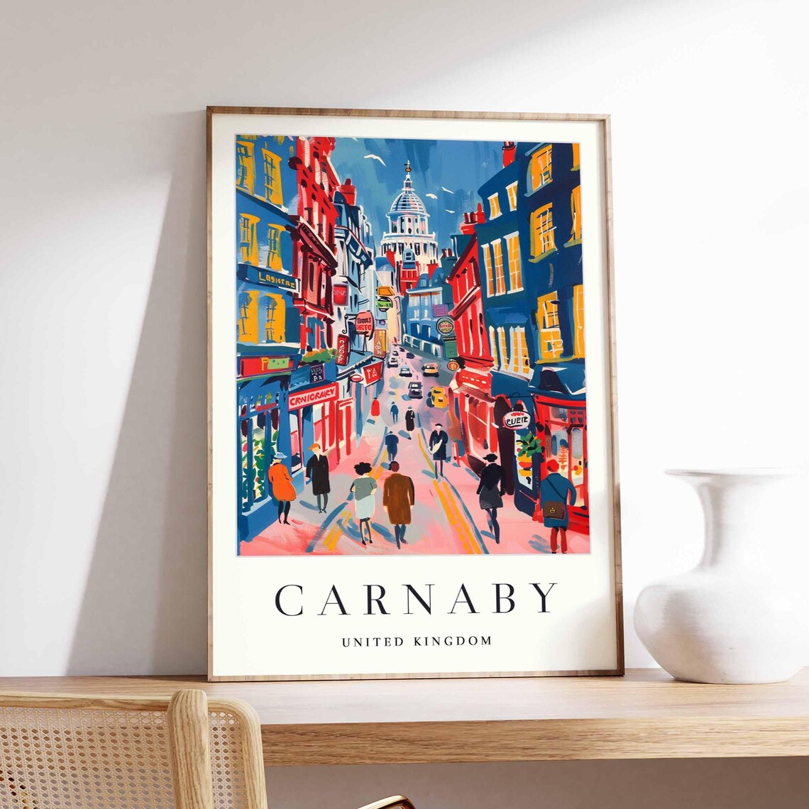Carnaby London United Kingdom Bustling Street Scene with Cathedral Poster