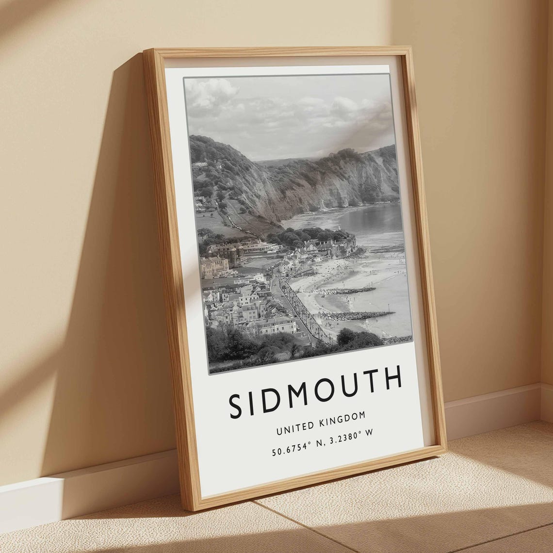 Sidmouth United Kingdom Black White Coastal Cliffside Town Poster - Image 4