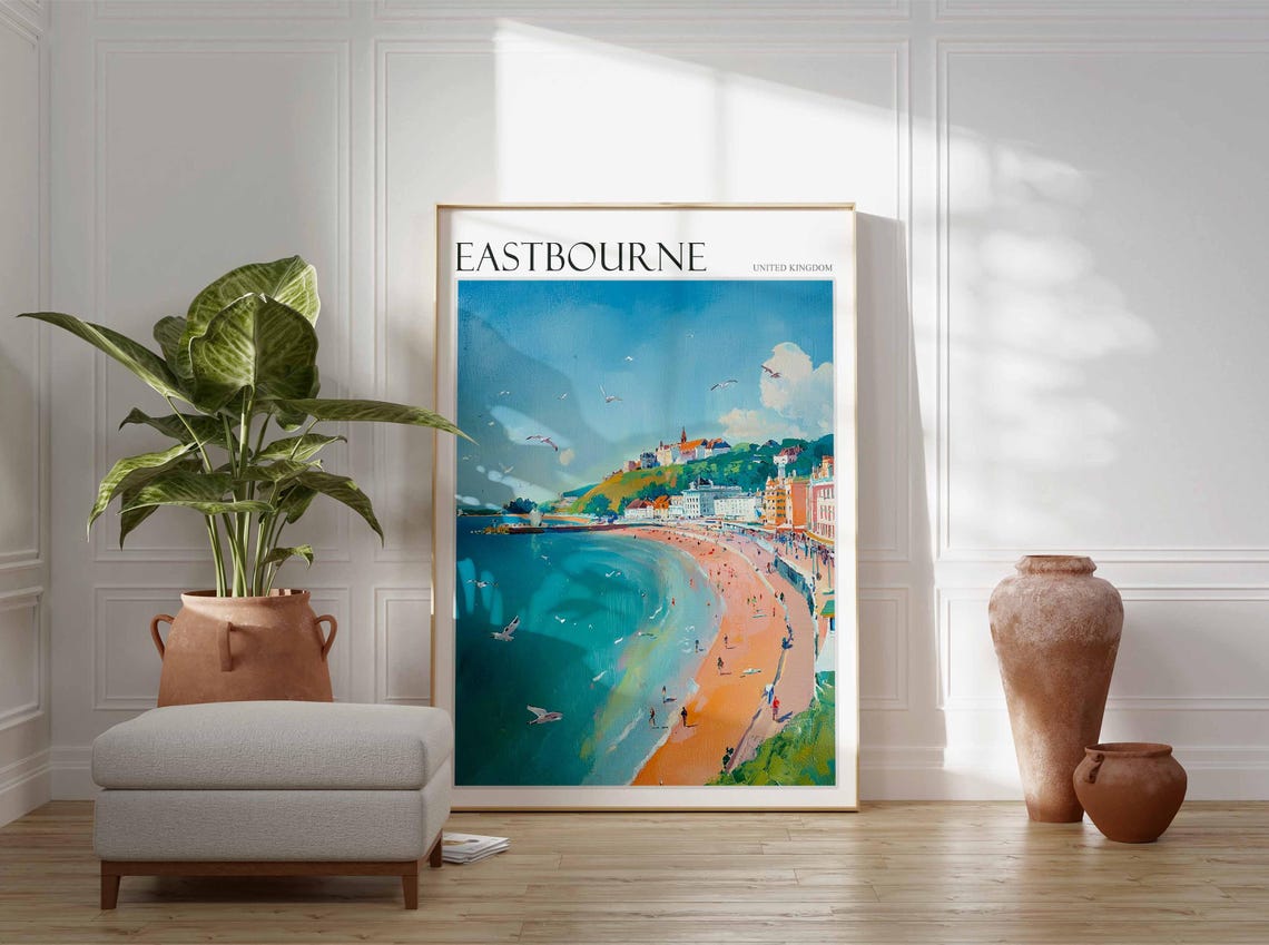 Eastbourne Seagulls Over Crowded Beach Hillside Town Painting Poster - Image 3