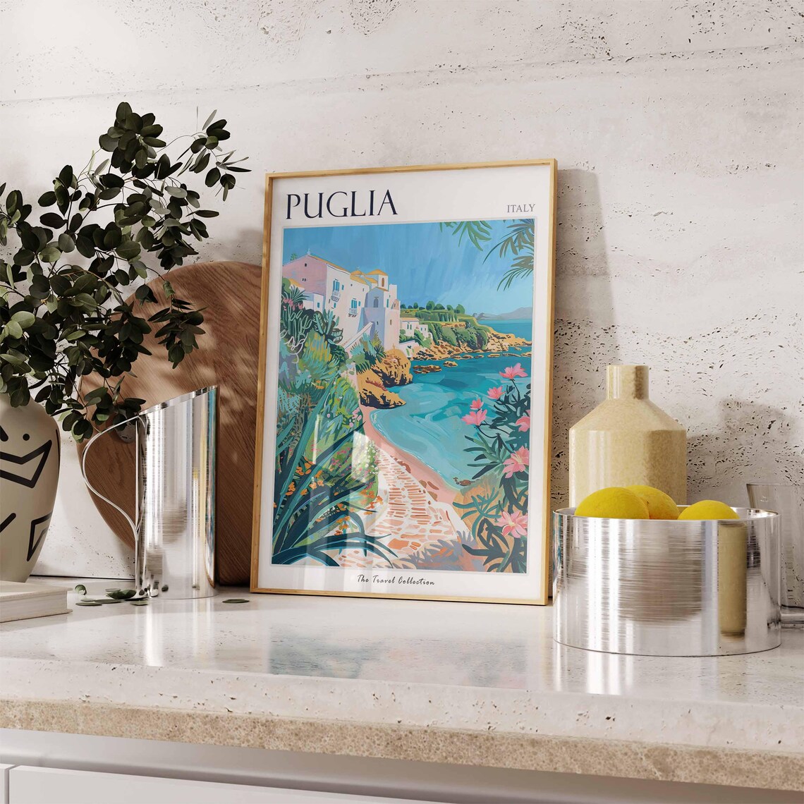 Puglia Italy White Cliffside Village Turquoise Cove Travel Poster - Image 2