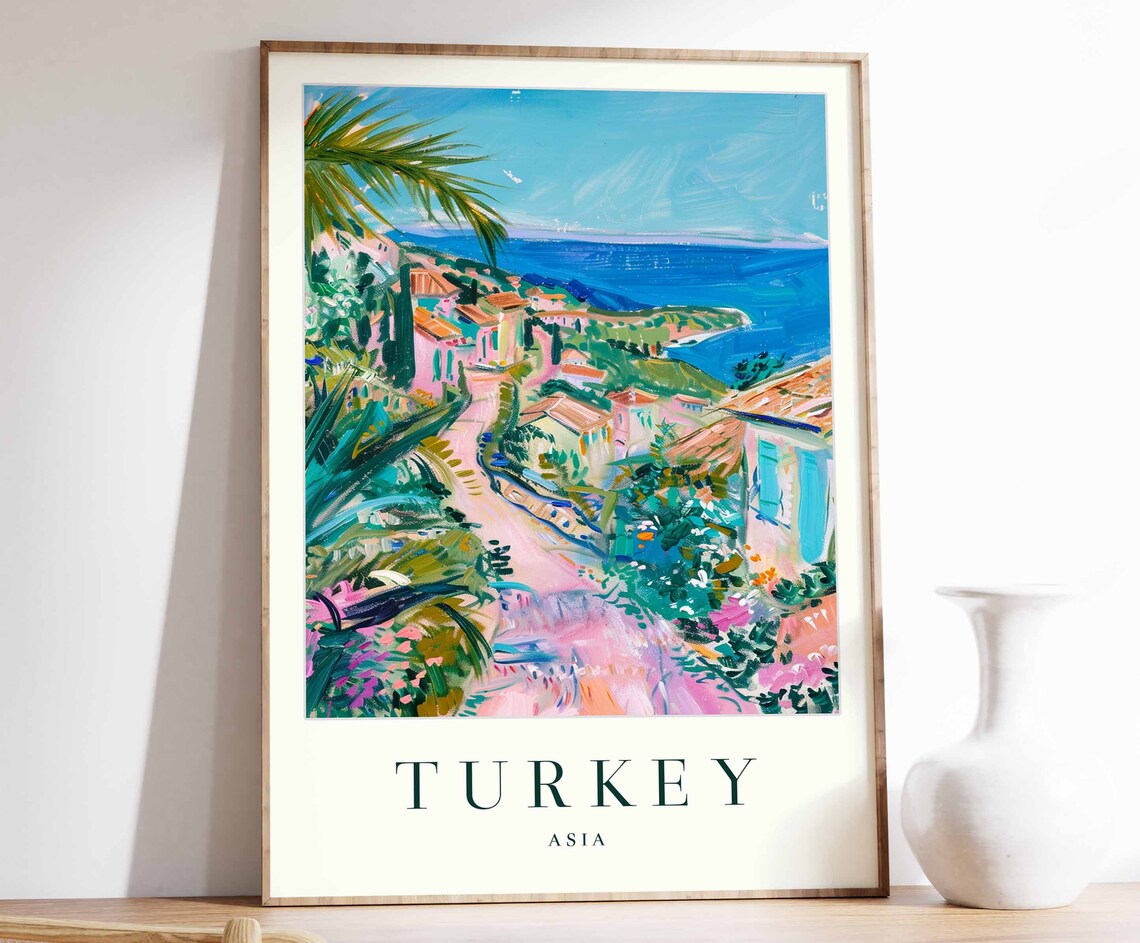 Turkey Palm Lined Village Street Tropical Sea View Travel Poster