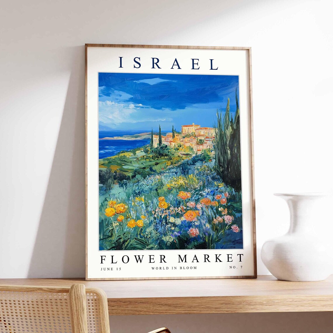 Israel Flower Market Blue Cypress Hills Golden Blooms Travel Poster