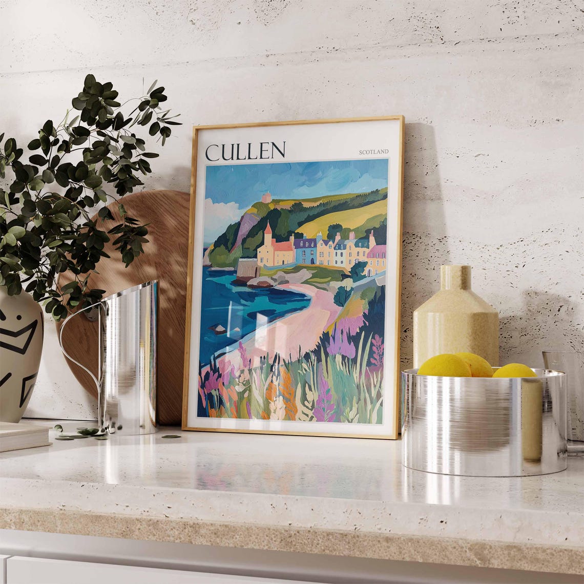 Cullen Scotland Pink Sand Beach and Colorful Village Art Poster - Image 2