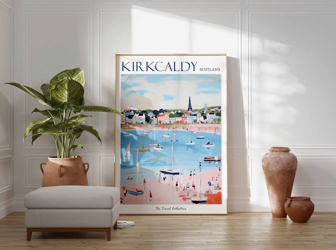 Kirkcaldy Scotland Harbor Sailboats Pink Sand Beach Travel Poster - Image 3