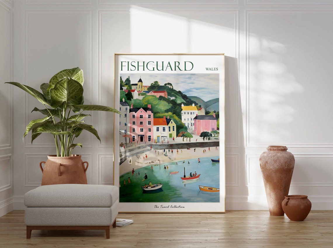 Fishguard Wales Harbour Boats Bathers Scene Vintage Travel Poster - Image 3
