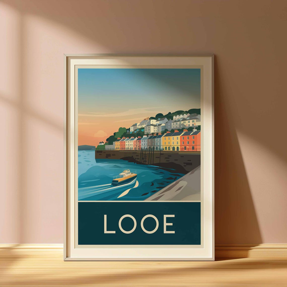 Looe England Cornwall Sunset Harbor Speedboat Retro Travel Poster - Image 3