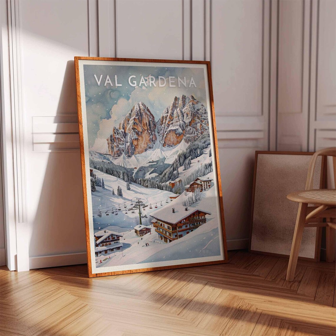 Val Gardena Italy Watercolor Ski Lifts Snowfall Village Scene Poster - Image 3