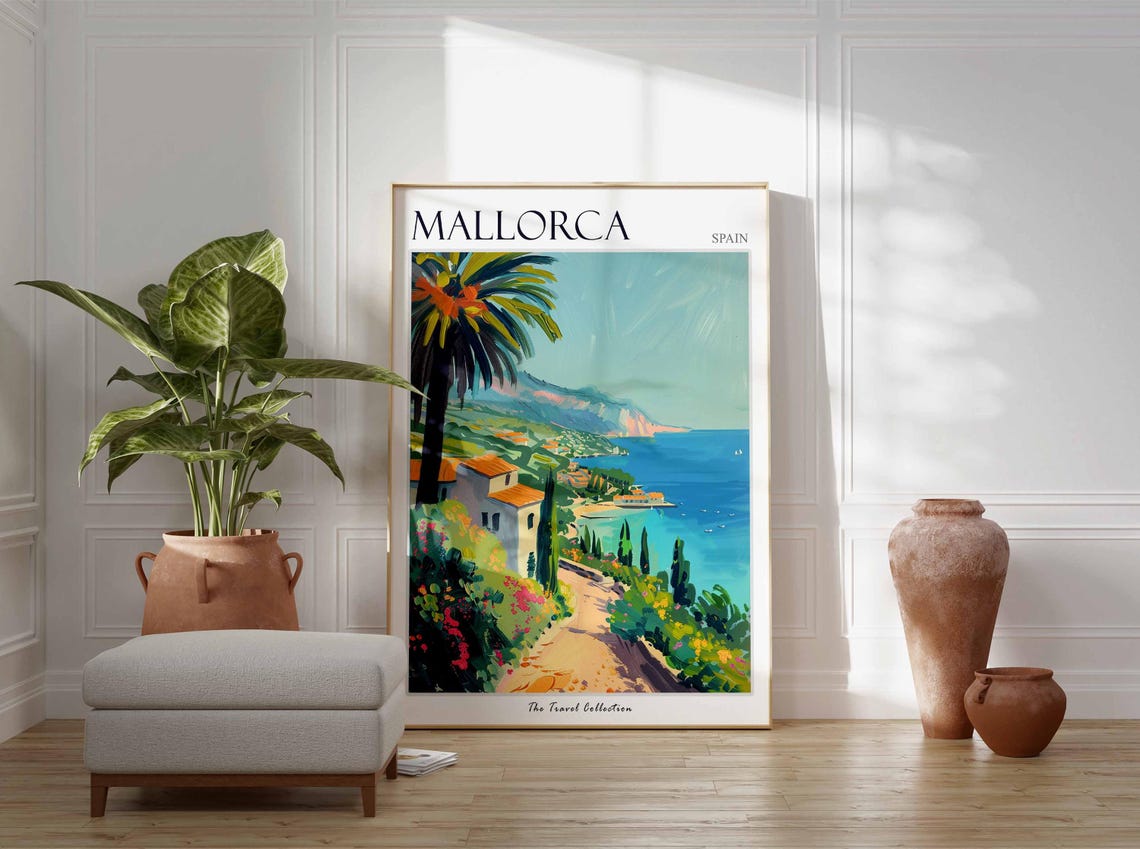 Mallorca Spain Coastal Path Villa Palms Turquoise Sea Travel Poster - Image 3