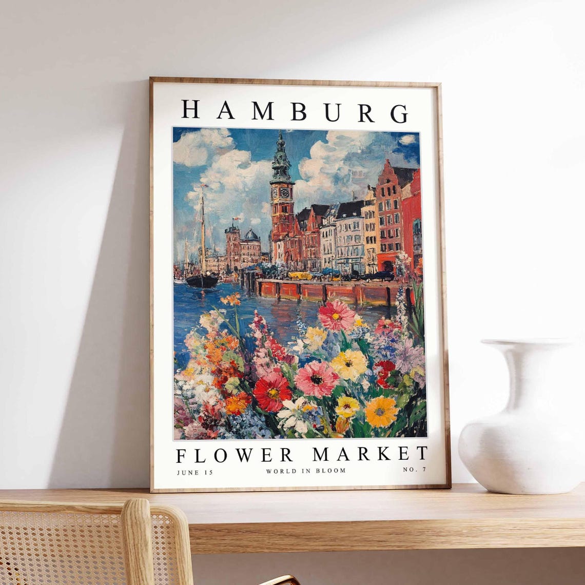 Hamburg Flower Market Clock Tower Harbor Sailboat Bloom Poster