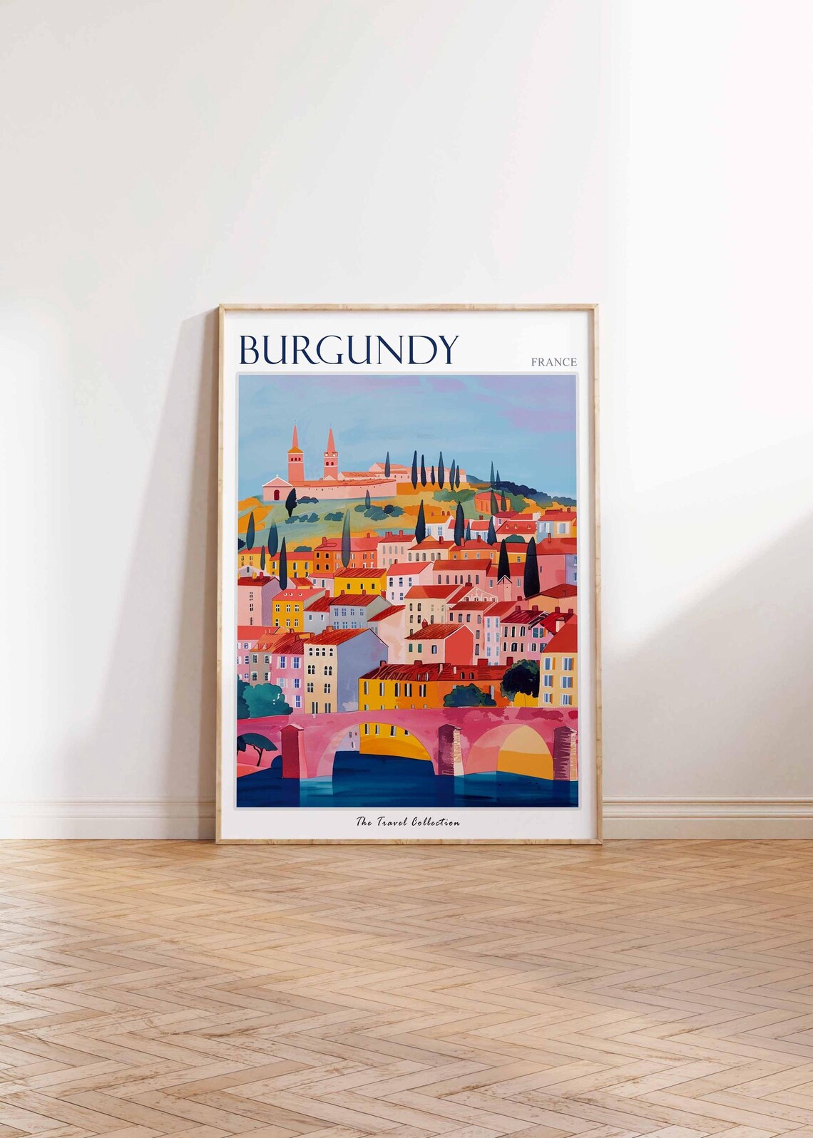 Burgundy France Hillside Town Church Towers River Bridge Poster - Image 2