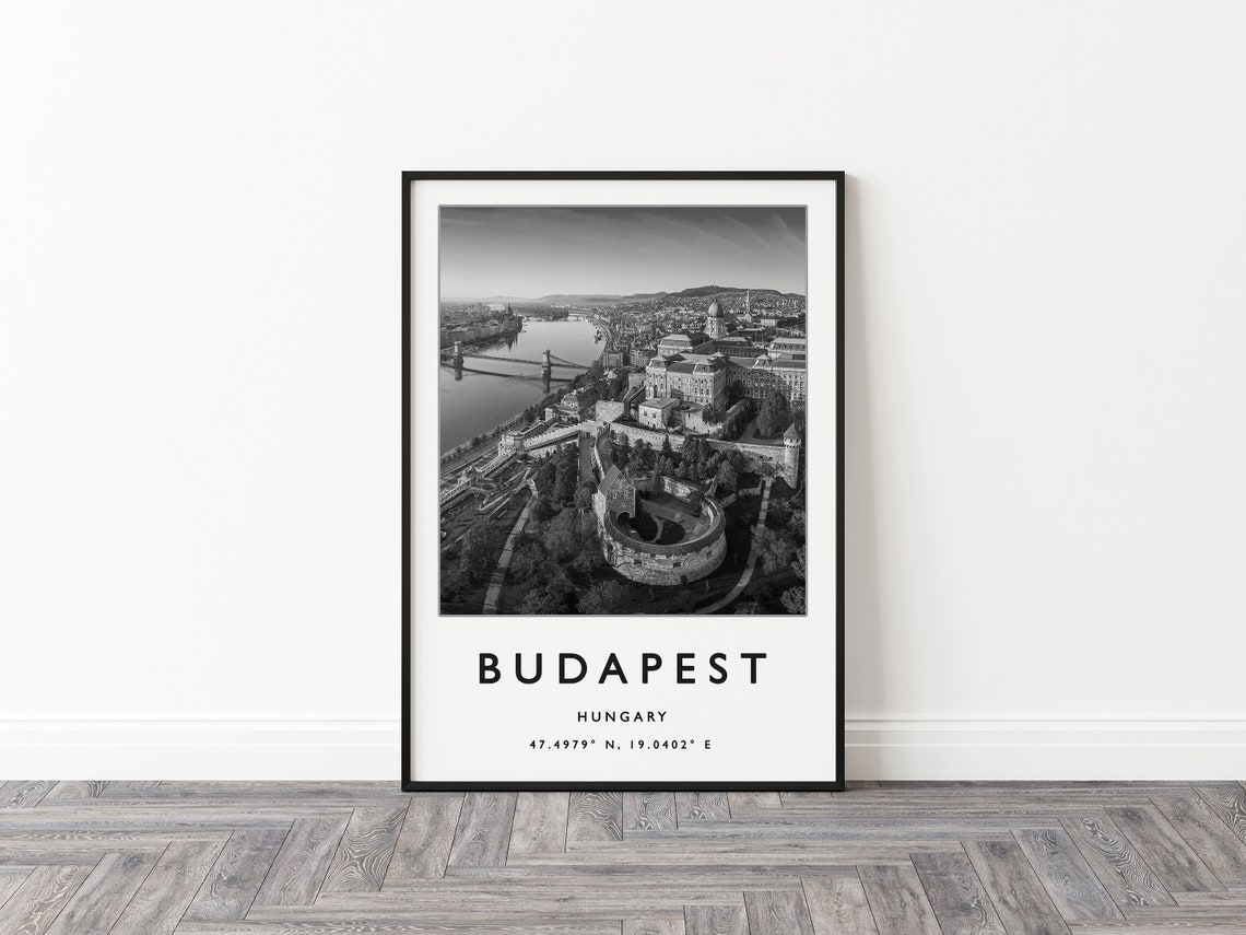 Budapest Hungary Black White Aerial Danube City Coordinates Poster - Image 2