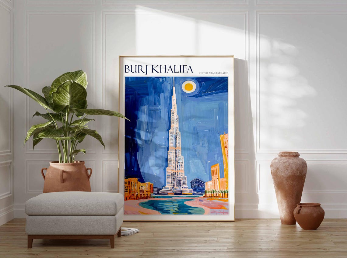 Burj Khalifa Dubai Moonlit Night Skyline Waterfront Art Poster - Image 2
