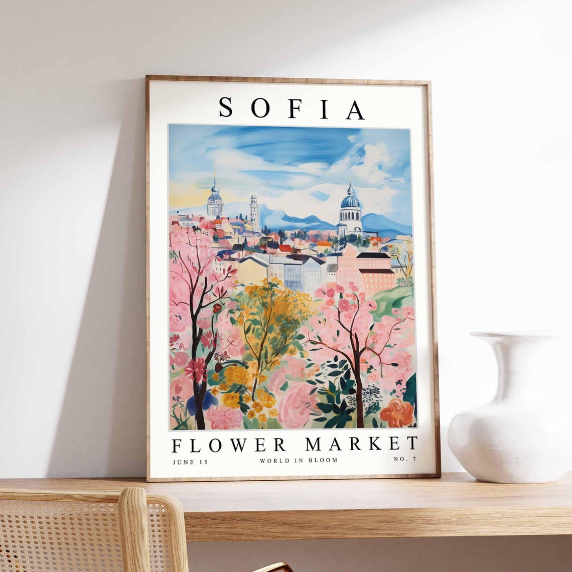 Sofia Flower Market Pink Blossom Trees Dome Skyline Art Poster