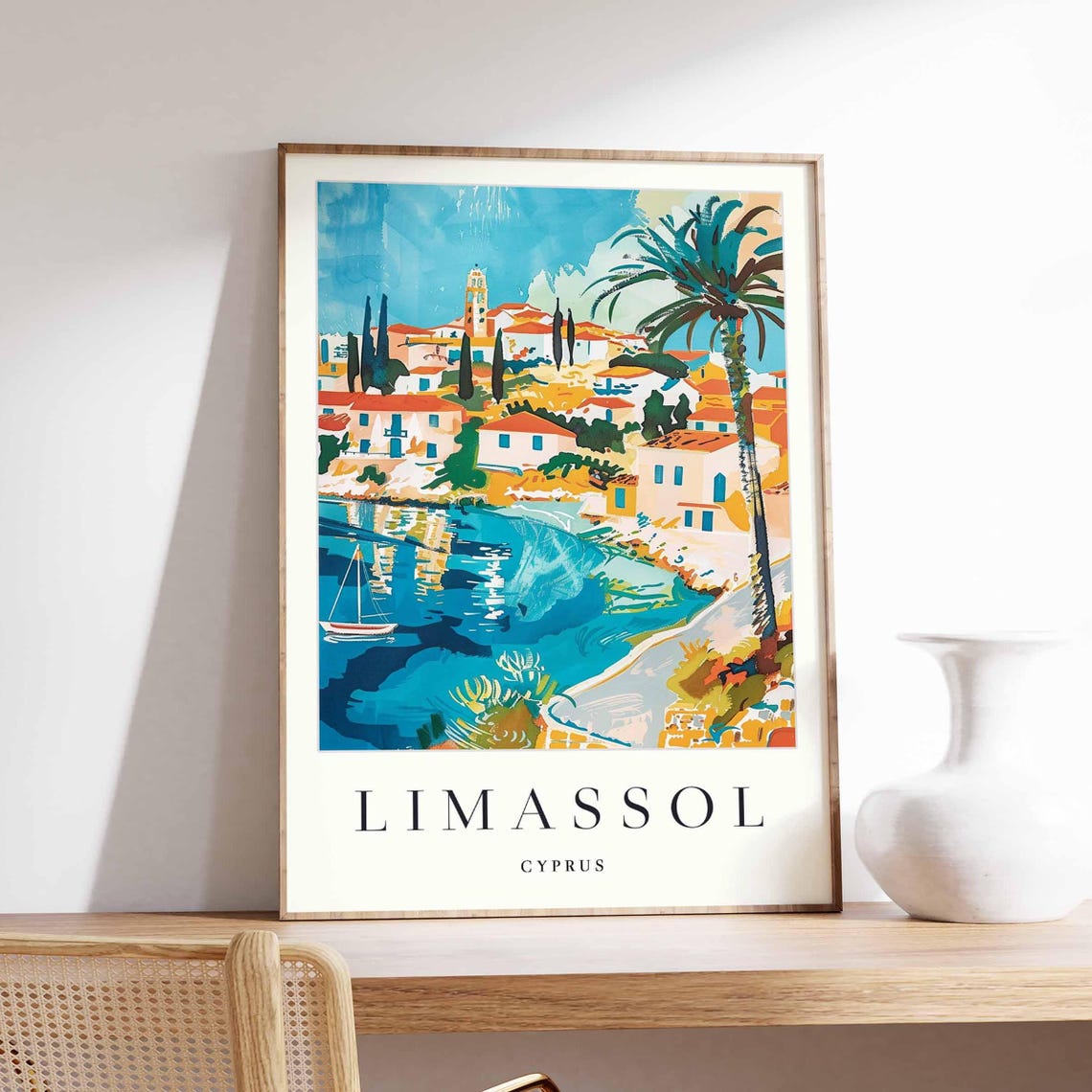 Limassol Cyprus Turquoise Bay Sailboat Coastal Travel Poster
