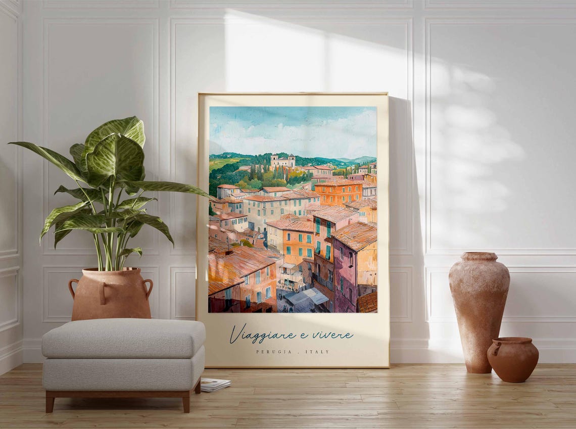 Perugia Italy Pastel Cityscape Rooftops Panorama Travel Poster - Image 3
