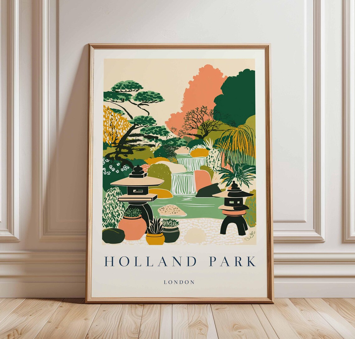 Holland Park London Zen Garden with Stone Lanterns Travel Poster