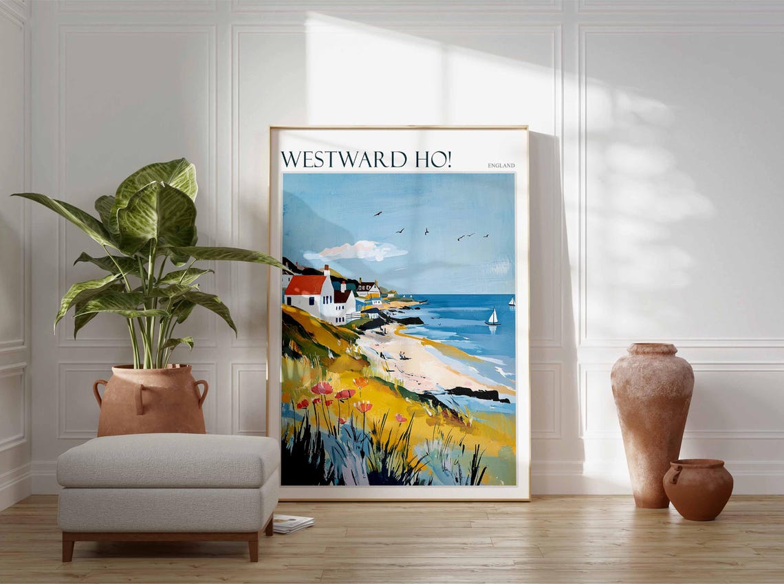 Westward Ho Wildflowers Beach Cottages Sailboat Sunny Art Poster - Image 2