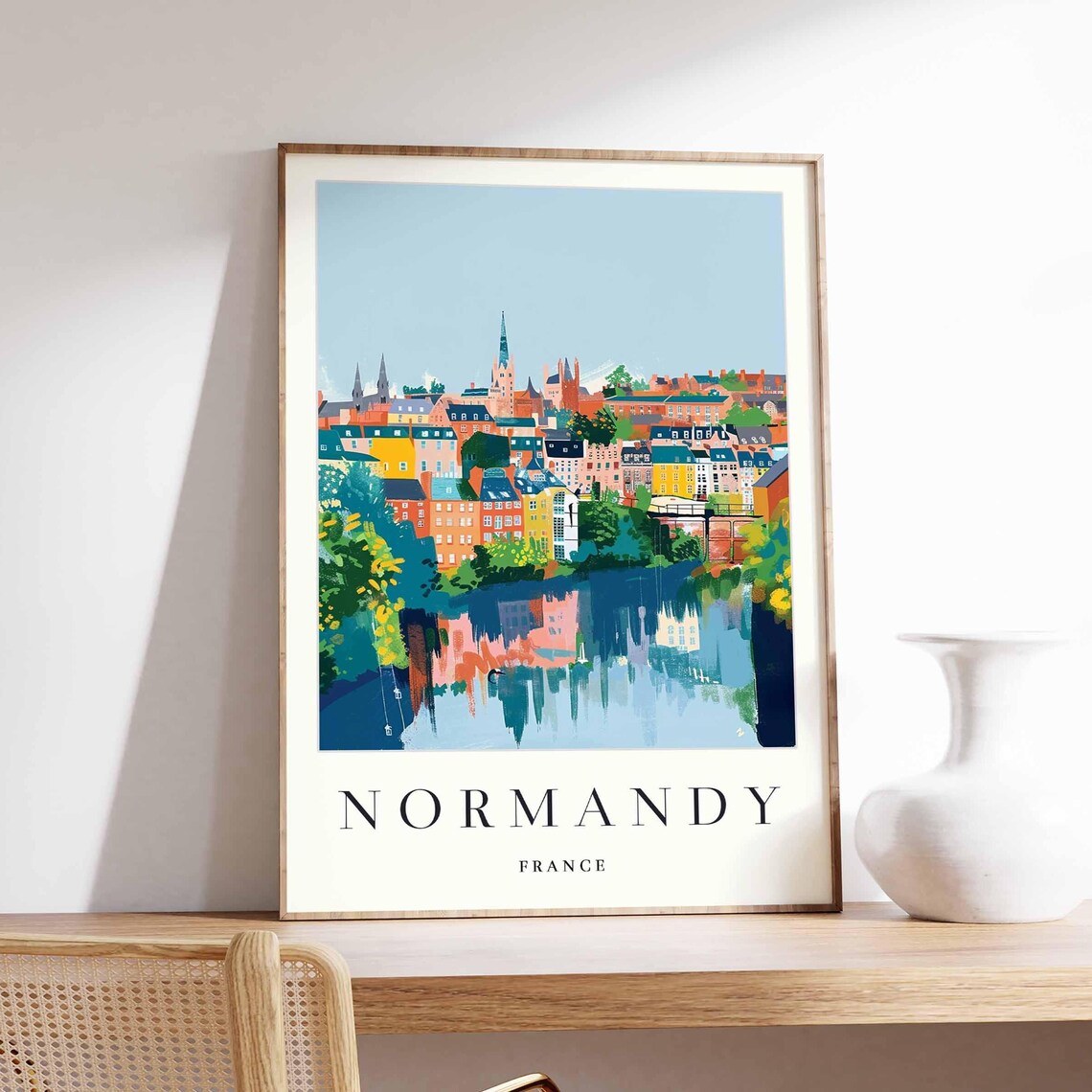 Normandy France Riverside Town Colorful Houses Travel Poster