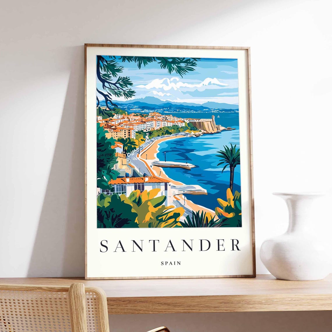 Santander Spain Tropical Bay Beach Palms Sailboats Summer View Poster