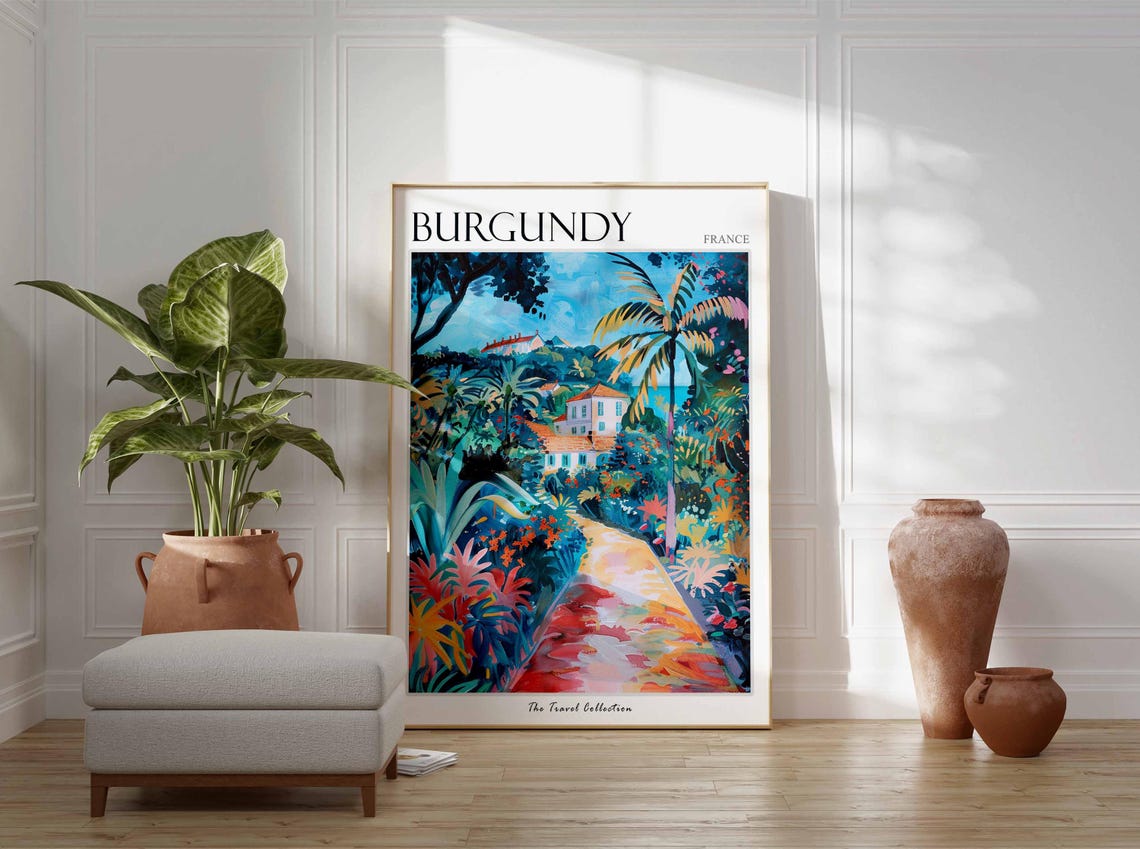 Burgundy France Lush Garden Path Palm Trees Colorful Art Poster - Image 3