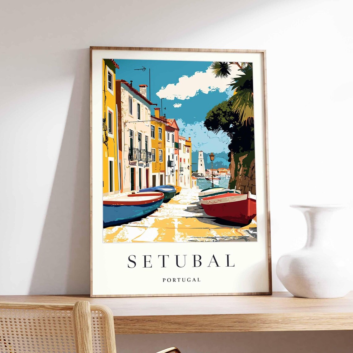 Setubal Portugal Colorful Harbor Street Fishing Boats Poster
