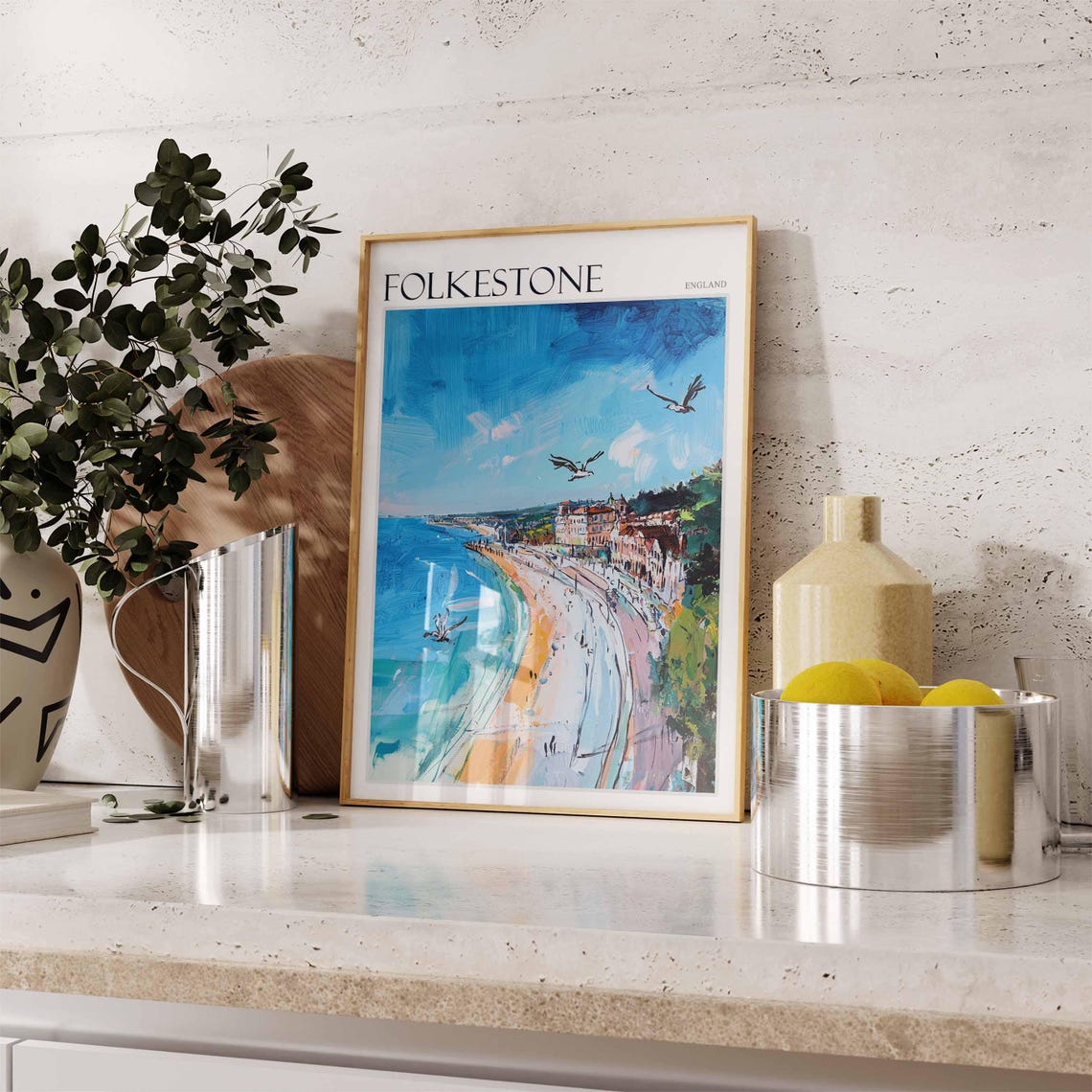 Folkestone England Beach Seagulls Impressionist Coast Art Poster - Image 2