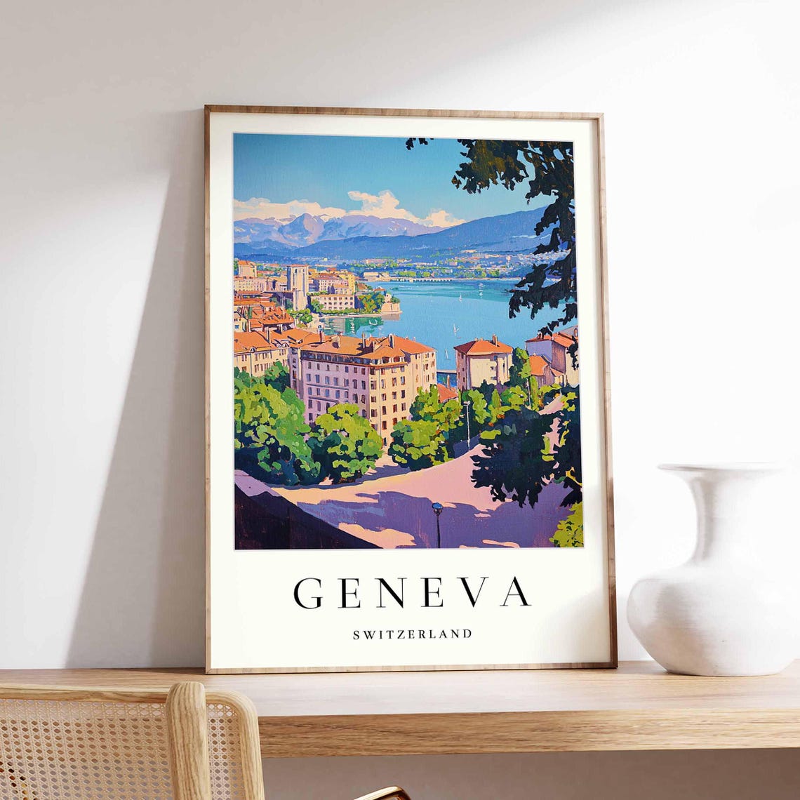 Geneva Switzerland Panoramic City Lake Mountain View Travel Poster
