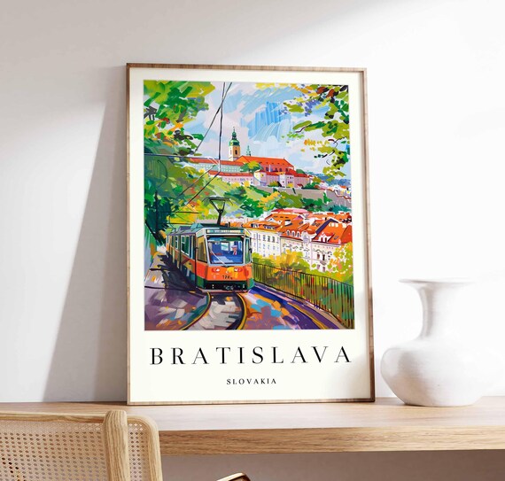 Bratislava Orange Tram Climbing Hill to Castle Painting Poster