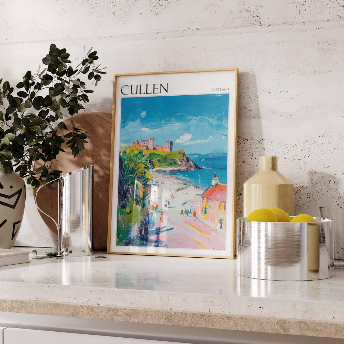 Cullen Scotland Busy Beach with Castle on the Headland Poster - Image 2