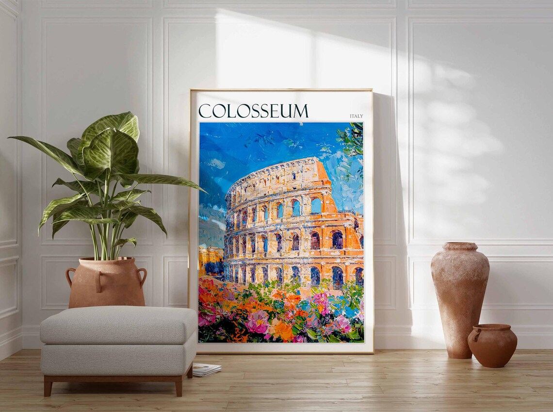 Colosseum Italy Rome Colorful Flower Garden Blue Sky Travel Poster - Image 2