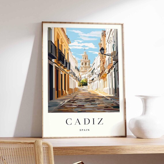 Cadiz Spain Cobblestone Street Balconies Cathedral Tower Art Poster