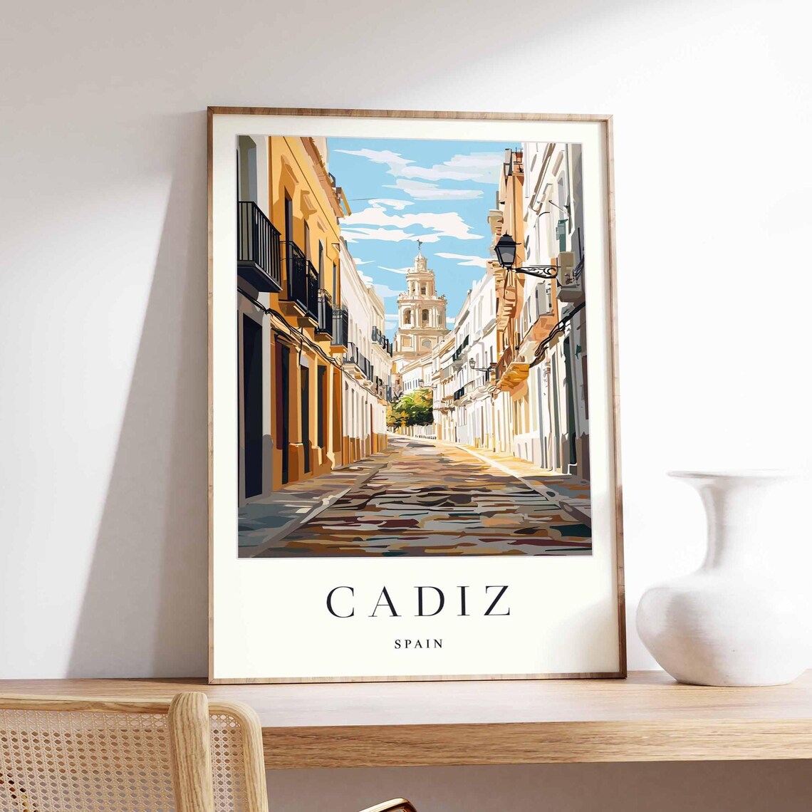 Cadiz Spain Cobblestone Street Balconies Cathedral Tower Art Poster