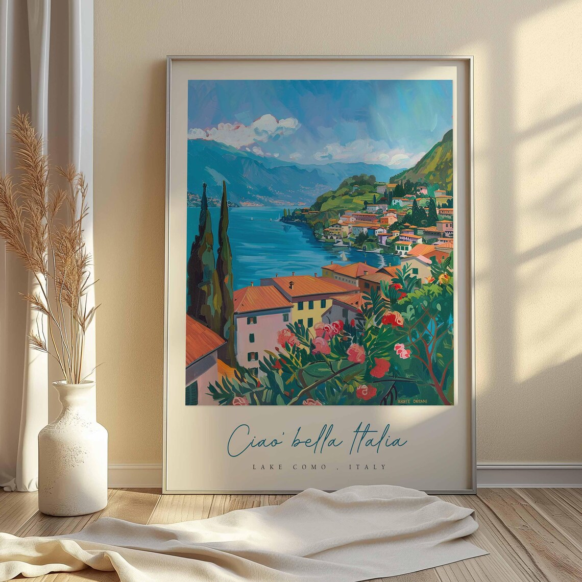 Lake Como Italy Terracotta Rooftops Hibiscus Flower View Poster - Image 2