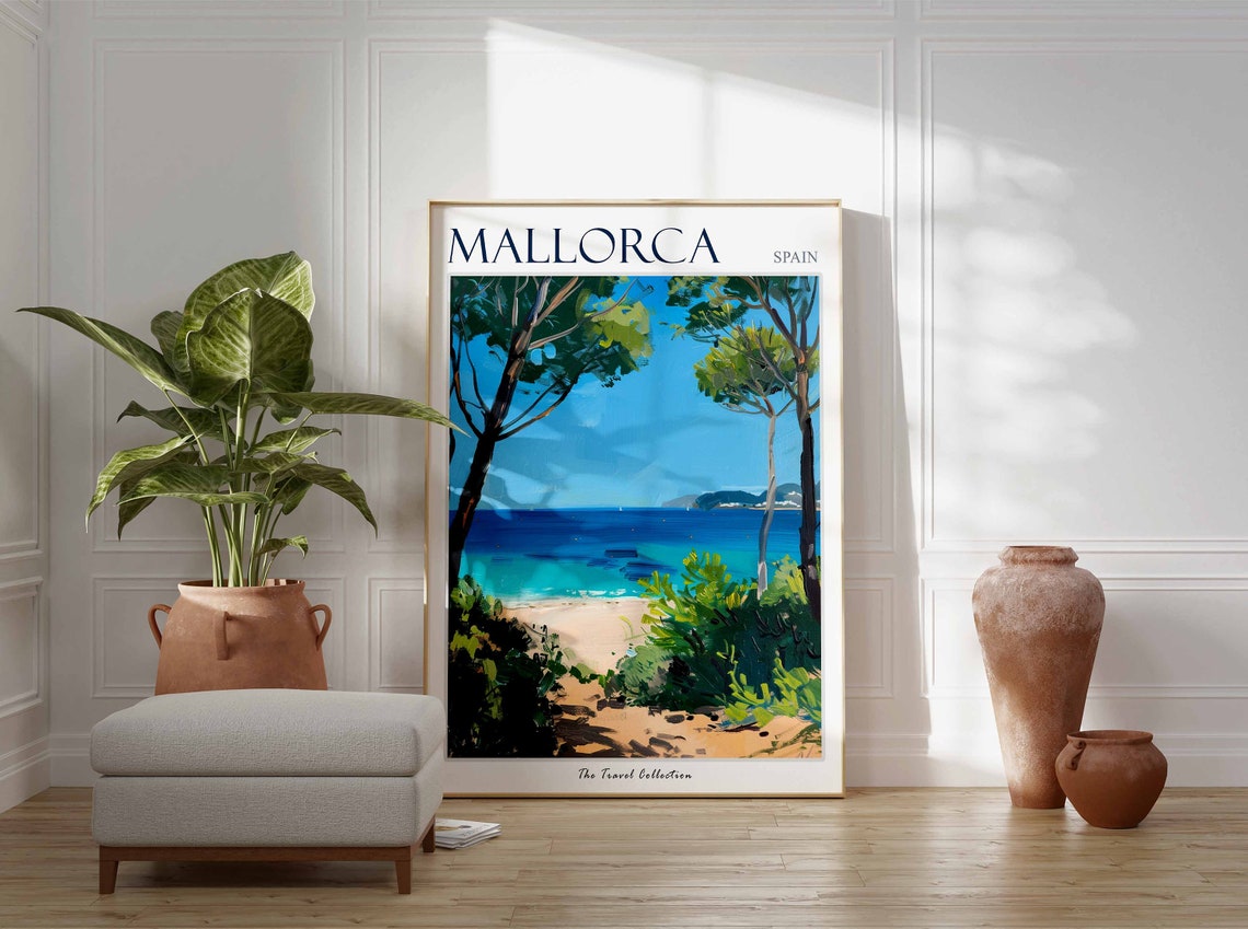 Mallorca Spain Tropical Beach Pine Trees Seaside Travel Art Poster - Image 3