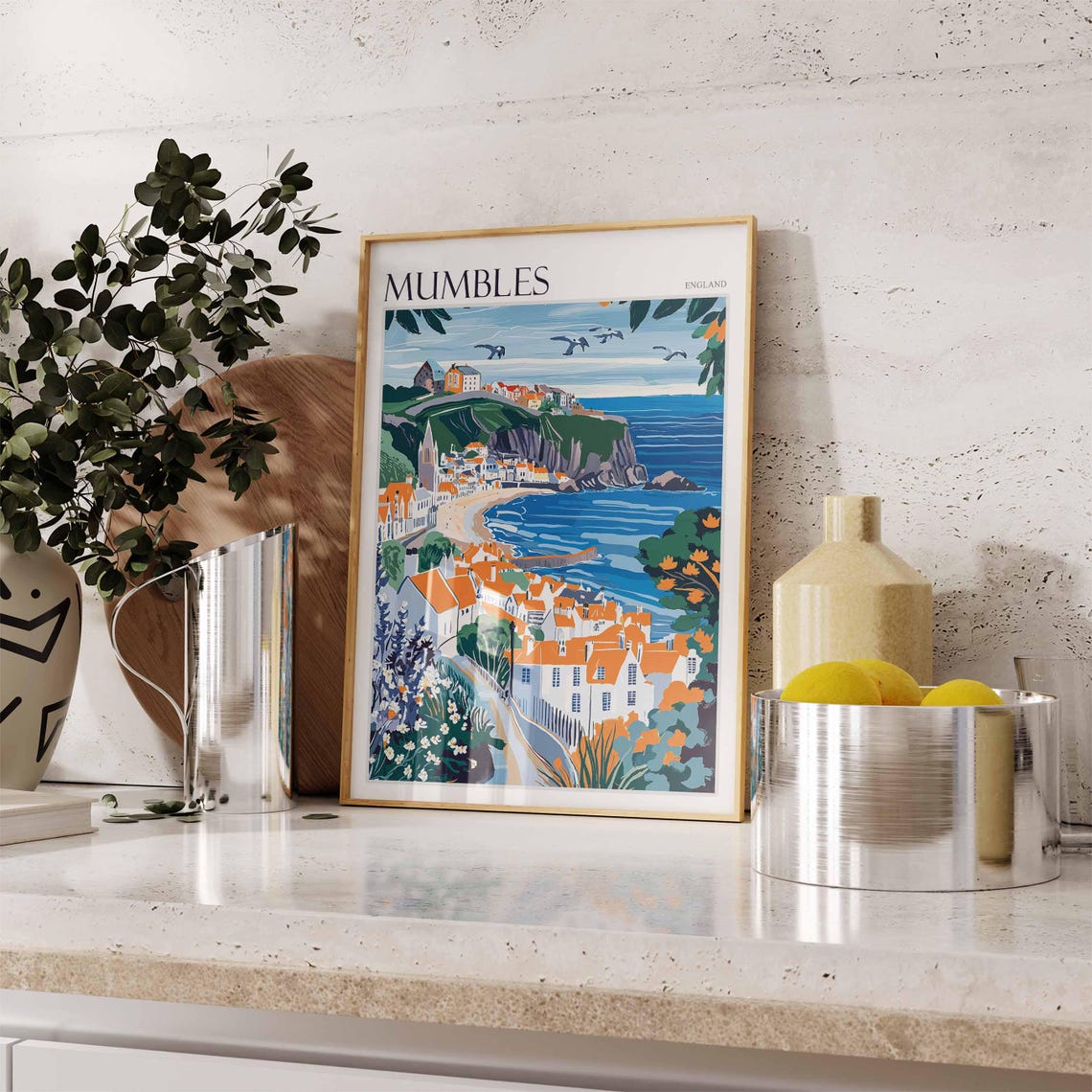 Mumbles England Vintage Style Town Cliff Church Flowers Poster - Image 2