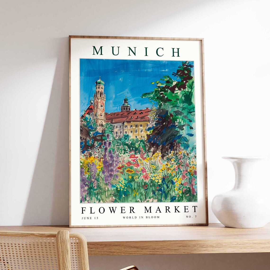 Munich Flower Market Watercolor Church Towers Flower Garden Poster
