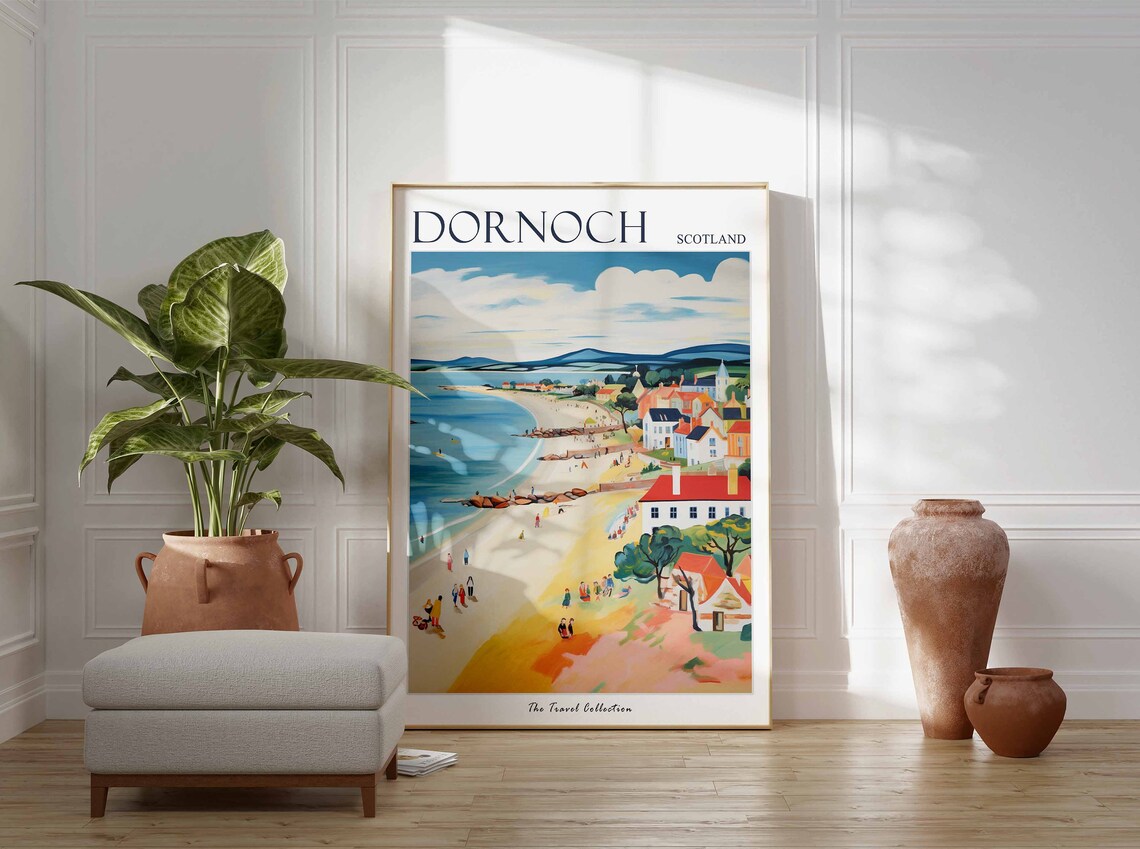Dornoch Scotland Beach With Colorful Houses And Hills Travel Poster - Image 3