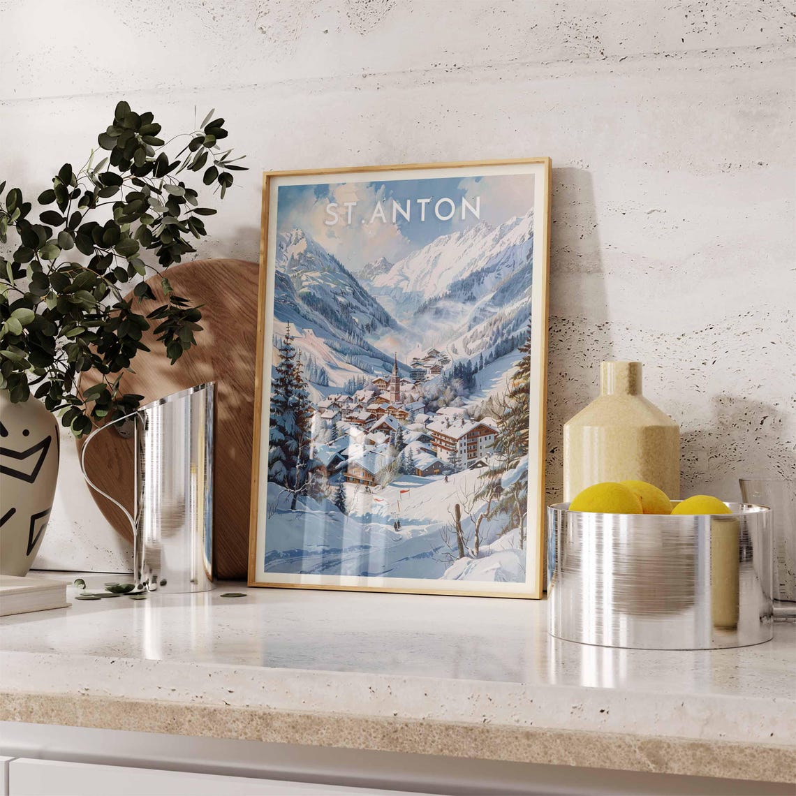 St. Anton Austria Blue Watercolor Village and Spire Snowy Poster - Image 2