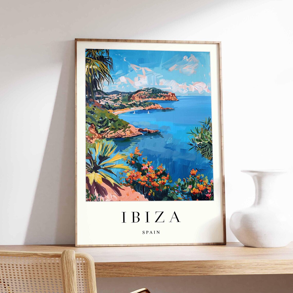 Ibiza Spain Bay Panorama Red Rock Headland Palms Travel Poster